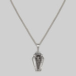 silver necklace with a detailed single rose in a glass coffin pendant