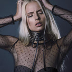 Model wearing ornate baroque corset choker with grand decorative details