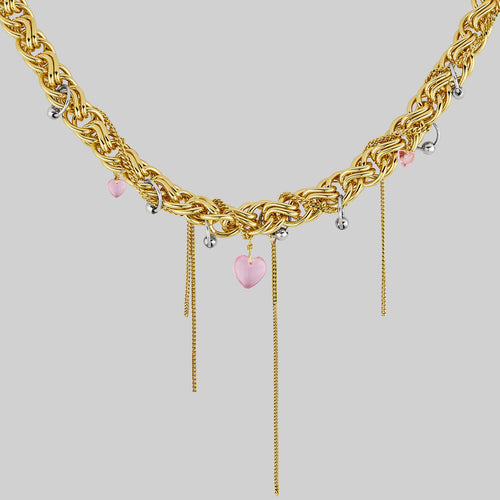 ENRAPTURED. Multi Drop Heart Gemstone Chain Necklace - Silver