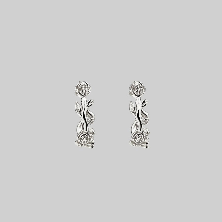 rose foliage mini hoop earrings silver
