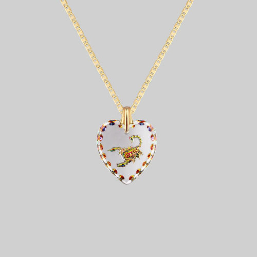 DOROTHY. Vintage Glass Heart Engraved Rose Pendant Necklace