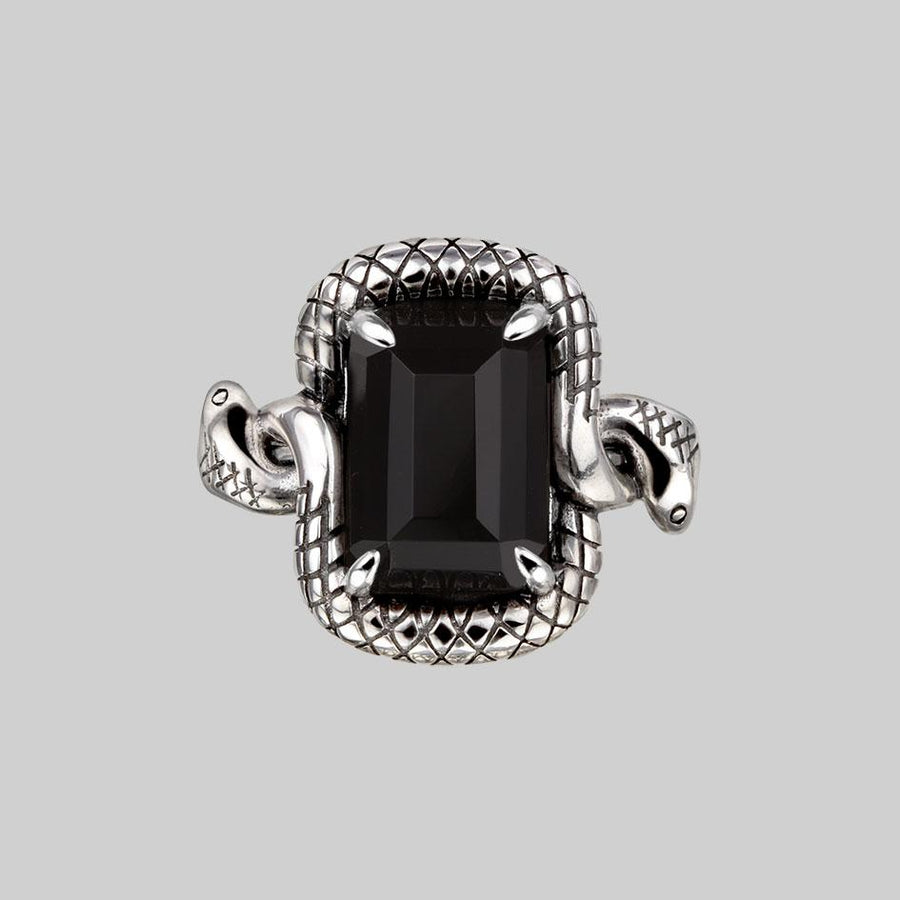 MALICE. Black Spinel Coiled Snake Cocktail Ring Silver REGALROSE