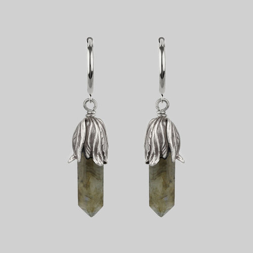 ELYSIAN. Black Spinel Dagger Hoop Earrings - Silver