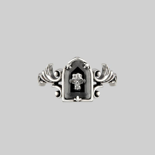TEMPLE OF CHAMBERS. Garnet CZ Cathedral Ring - Silver