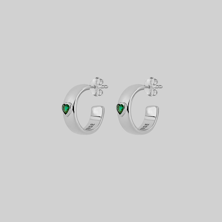 CLAIR. Green Heart Chunky Hoop Earrings - Silver