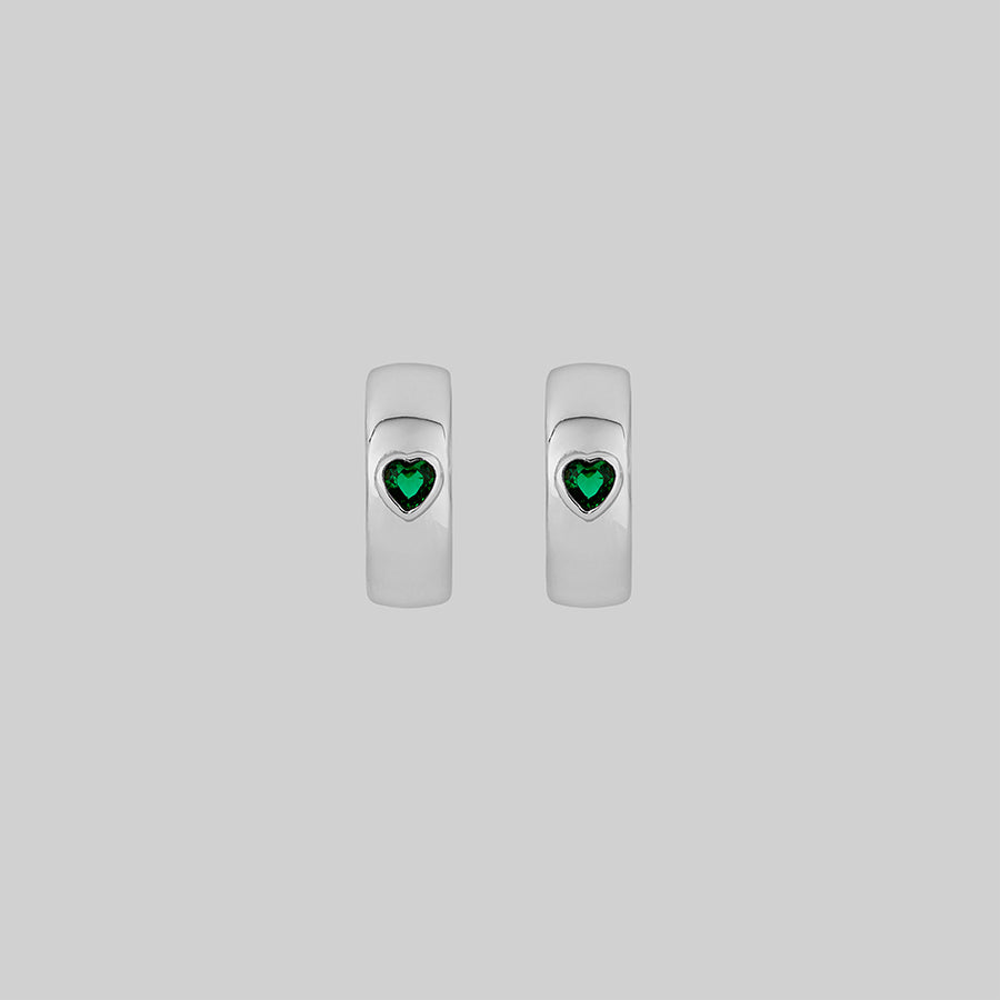 CLAIR. Green Heart Chunky Hoop Earrings - Silver