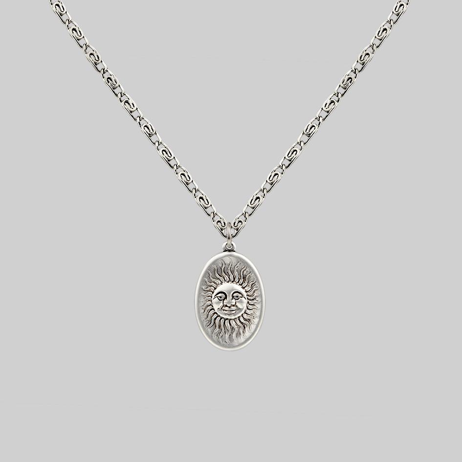 detailed sun face silver necklace